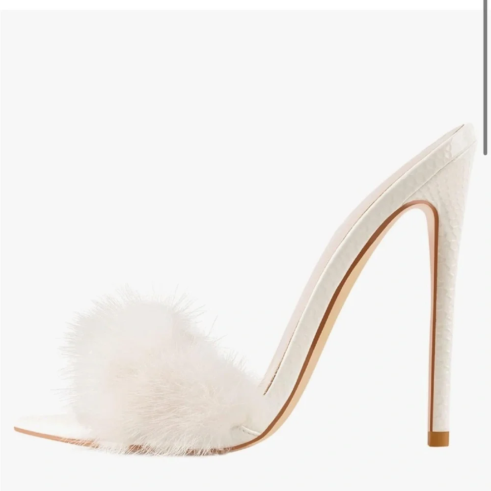 Richealnana Women's white Fur Fuzzy Mules Slip On High Heels Sandals 9 stilettos - Picture 1 of 11